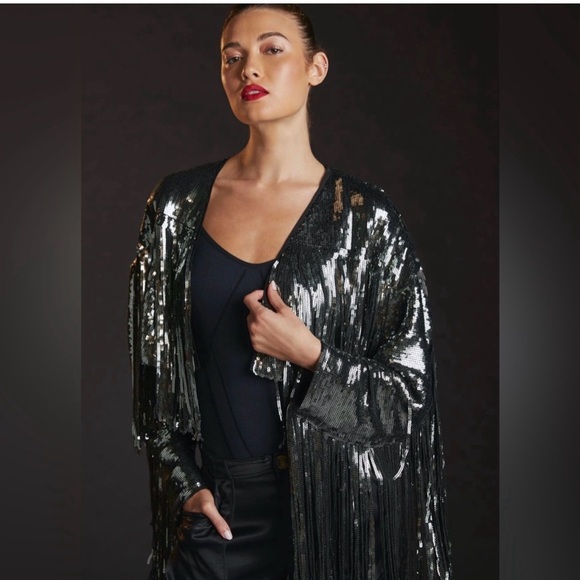 By Anthropologie Green Silver Black Sequin Fringed Jacket Large EUC Rare - Picture 4 of 10